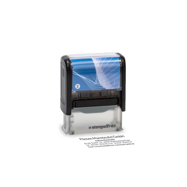 Selbstfärbender Stempel stempelfritz Gr.2 direkt hier Erstellen – personalisierter Firmenstempel, Adressstempel, Namensstempel oder Familienstempel – Gehäuse Schwarz-Blau, 47x18mm, max. 5 Zeilen