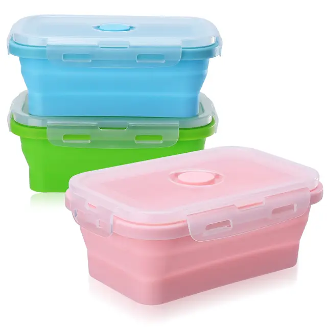 3 Stk Faltbare Frischhaltedosen mit Deckel, 500ML Faltbare Brotdosen Set, Faltbar Silikon Frischhalteboxen Lunchbox Bento Box Behälter für Camping Wandern Reisen, Mikrowelle Kühl und Gefrierschrank