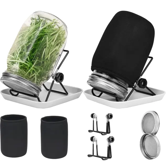 Hisredsun 1000 ml keimgläser-Set, 2 Einmachgläser mit breiter Öffnung und 304 Edelstahl-Siebkeimdeckel, 86 mm Kaliber, mit Tablett, Ständer, Schattiertuchbeutel und Dosenbürste