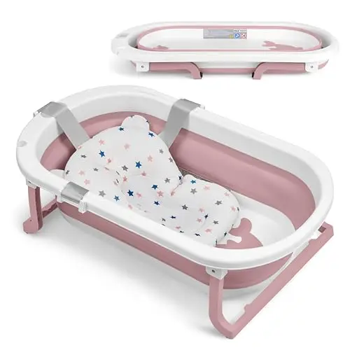 KikkaBoo Babybadewanne WILLY, Faltbares Design Mit Temperaturanzeige & Weichem Badekissen, Rutschfeste Beine, Platzsparend & Leicht, BPA-frei, Für Neugeborene 0-36 Monate, Rosa