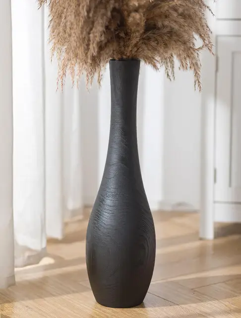Hanobe Bodenvase Groß Vase Deko: Holz Hoch Boden Vasen Schwarz Skandinavische Deko XXL Flur Stockholm Wohnzimmer - 56cm Minimalistische Standvase mit Loch für Pampasgras