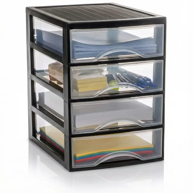 Hausfelder Schubladenbox A4 mit 4 Schubladen, Transparente Kunststoff Schubladenbox für Schreibtisch, Büro Organizer Schubladen, Aufbewahrungsbox mit Schubladen, Din A4, Stapelbar, 36,5x26x36,5cm