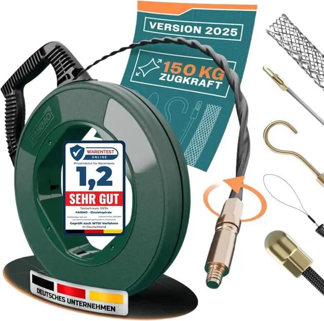 Die durchdachte Einziehspirale 30M für Leerrohre von FAIRMO - 4mm PET Zugdraht inkl. 5 Adapter - Kabeleinziehhilfe bruchsicher zum Ziehen - Einziehfeder für effektives Arbeiten - Einzugshilfe Kabel