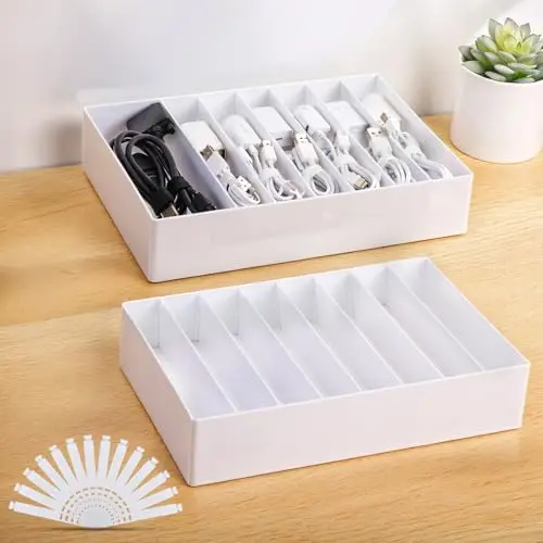 PAVSTINE Datenkabel-Organizer ohne Abdeckung Großer 2er-Pack, Kabelbox Weiß mit Verstellbaren Fächern, Kabel Organizer mit 14 Kabelbindern zur Aufbewahrung von Schreibwaren, Batterien und Ladekabeln