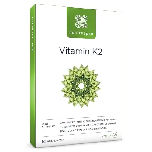 Healthspan Vitamin K2 75 µg | Knochen- und Blutgesundheit | Reinste und aktivste Form | Vegan | 60 Kapseln