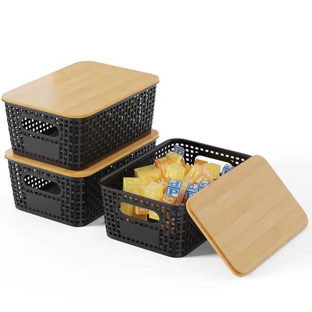 3er-Set Aufbewahrungsbox mit Bambus Deckel, 5L Aufbewahrungskorb, Kunststoff Korb Aufbewahrung, Küchen Aufbewahrungsboxen für Regale, Schränke, Schränke und Zuhause (Schwarz)