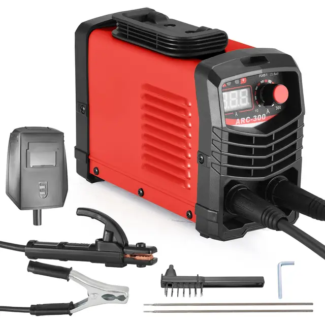 IGBT Inverter Schweißgerät 300A ARC MMA Elektroden Schweißgerät mit LCD Display tragbar 220V inkl. Schweißbrenner Masseklemme Schutzbrille Handschuhe Bürste und Stabelektroden-Rot