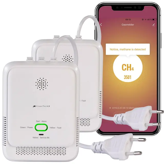 VisorTech Elesion Gasmelder: 2er-Set Smarter Multi-Gasmelder für haushaltsübliche Gase, WLAN, App (Erdgas Melder WLAN, Gasleckdetektoren, CO)