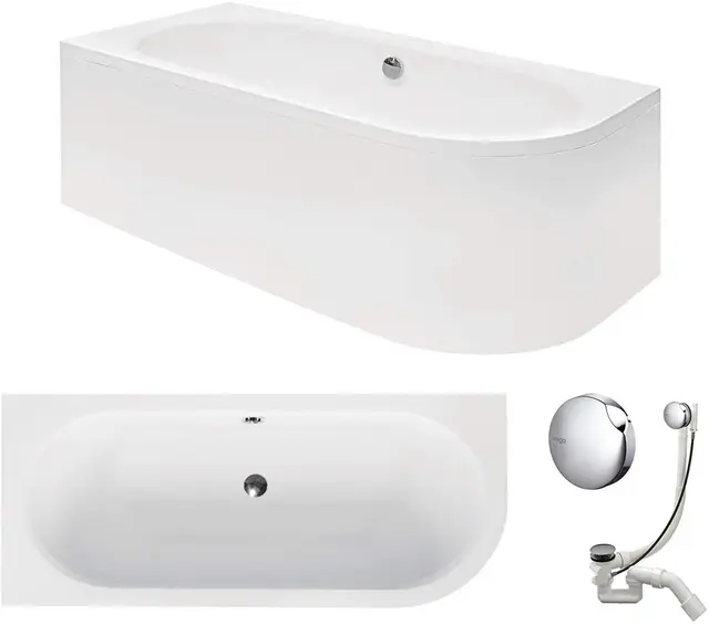 VBChome Badewanne 170x75 cm Acryl SET Schürze Siphon Wanne Ecke Eckbadewanne Antirutsch Weiß Design Modern Ablaufgarnitur Viega Simplex für 2 Personen (170x75 link)