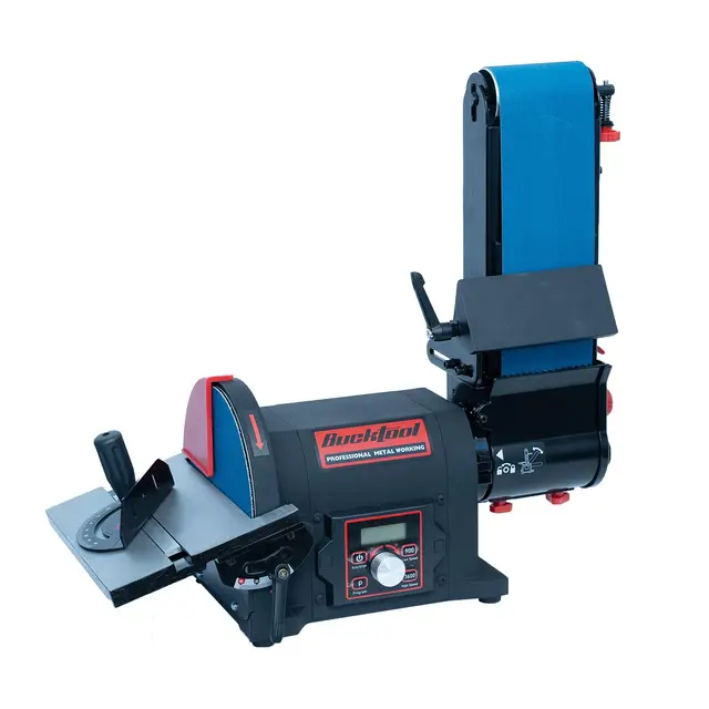 BUCKTOOL 700W VFD-Motor-Bandschleifmaschine, 100 x 914 mm Band und 200 mm Scheibe, 900–3600 U/min, variable Drehzahl Tischschleifmaschine-Kombination