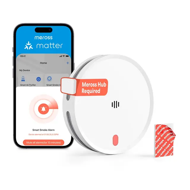 Meross WLAN Rauchmelder Vernetzt mit APP Warnmeldung, Smart Feuermelder mit Dual-Lichtsensor, Brandmelder mit 0,8 mm Insektennetz, 33 mm, Hub erforderlich, 1 Stück