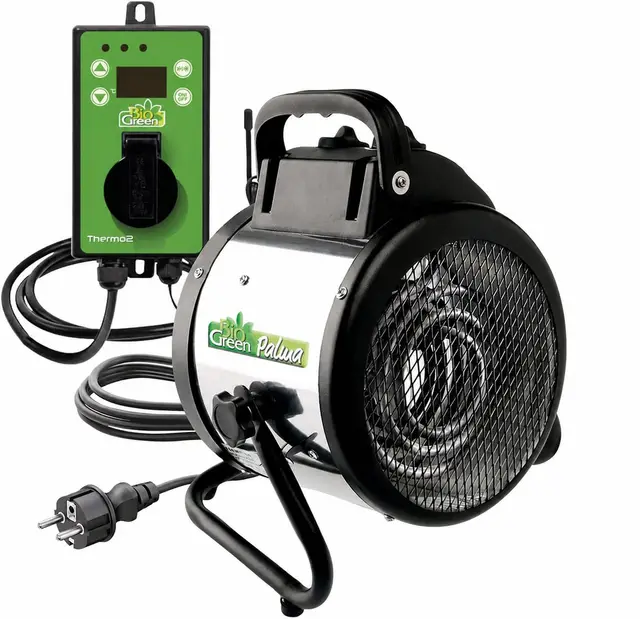 BioGreen Elektro-Gewächshausheizung Palma mit digitalem Thermostat | IPX4 spritzwassergeschützt, energiesparend | 163 m³/h Luftumwälzung | 2000 Watt