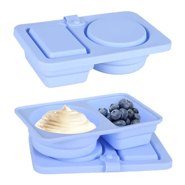 Faltbare Soßendose Silikon, 2 Stück Dippbox Auslaufsicher mit Deckel, 2 Fächer Snackbox für Dipps Nüsse, Zusammenklappbare Gewürzbox für Camping Büro Reise