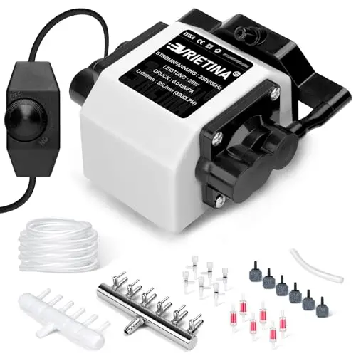Aquarium Luftpumpe mit 6 Ausgängen | 25W Regelbare Teichbelüfter für Gartenteiche mit 6 Luftsteine | Belüfterpumpe | Leistungsstarke Sauerstoffpumpe | Teichbelüftung, Bis Zu 3300 L/H