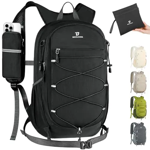 BECOJADDE 20L Kleiner Wanderrucksack Tagesrucksack Herren Damen Leichter Faltbarer Rucksack mit Brustgurt und Rückenbelüftung für Wandern Daypack Travel Rad und Ausflug, Schwarz