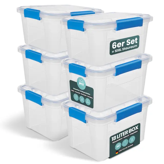 Kreher® Aufbewahrungsbox 18 Liter mit Deckel – wasserdicht & staubdicht, transparent & stapelbar, BPA- & schadstofffrei, robuste Kunststoffbox mit Silikondichtung & 4 Clips (6, 18 Liter)