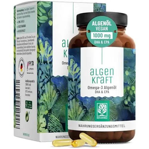 NATURTREU® Omega 3 Vegan aus Algenöl – 1000mg Omega 3 Algenöl aus nachhaltigen Kulturen - Mikroalgenöl hochdosiert DHA & EPA im optimalen Verhältnis - Laborgeprüft