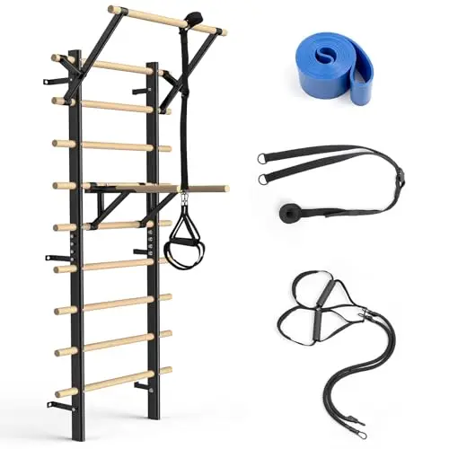 Sprossenwand mit Klimmzugstange & Dip-Barren – 220 cm Home Klettergerüst aus Buchenholz zur Wandmontage – Max. 250 kg belastbar – Für Krafttraining, Calisthenics & Reha bei Erwachsenen & Kindern