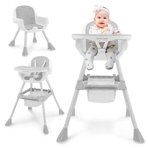 Moby-System Verstellbarer Hochstuhl Magnolia 2in1 mit Tablett und Kunstleder-Einlage – Grau, Ab 6 Monaten