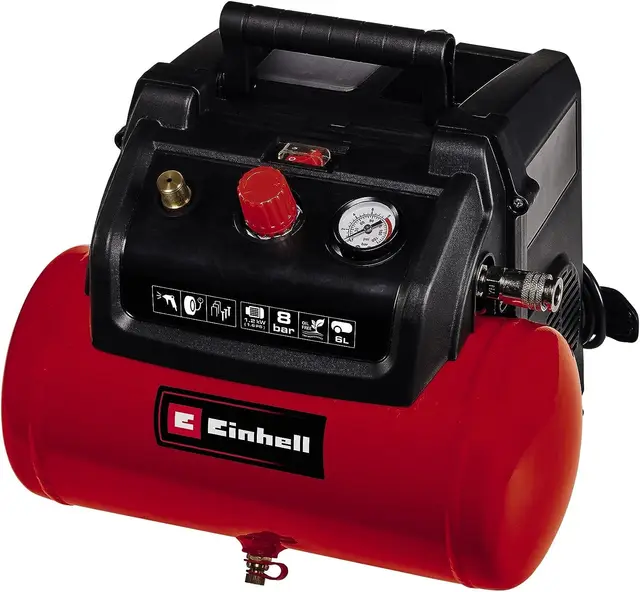 Einhell Kompressor TC-AC 190/6/8 (1,2 kW, max. 8 bar, 190 L/min Ansaugleistung, 6 Liter Tank, ölfreie Pumpe, Manometer, Schnellkupplung)