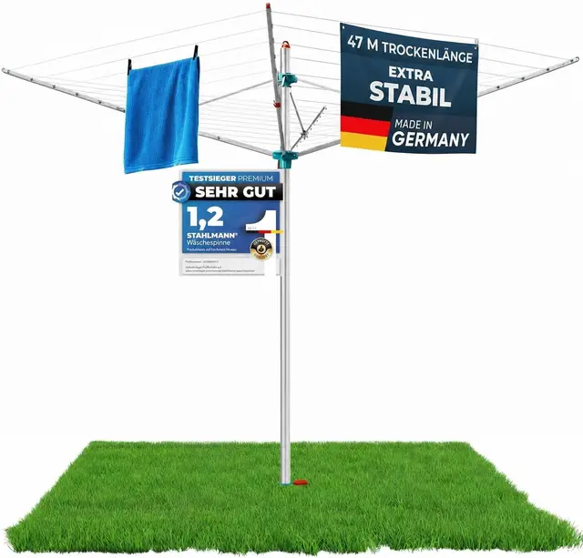 STAHLMANN® Wäschespinne draußen [Made IN Germany ] - Wäschespinne[47 M Leinenlänge] inkl. Bodenhülsen mit Deckel - höhenverstellbareWäschespinne aus hochwertigem Aluminium