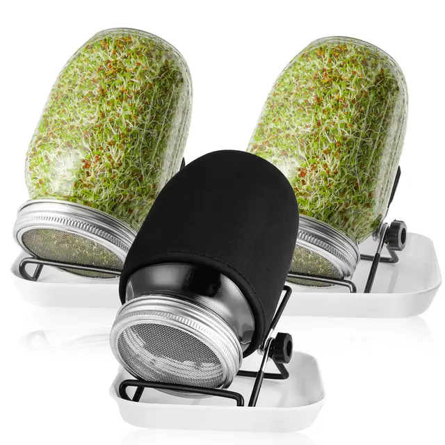 Sprossenglas 3er Set, 1000ml Keimglas für Sprossen mit Deckeln und Haltern Verdunklungshüllen und Schalen, Sprossengläser für die Sprossenzucht und Keimung von Samen