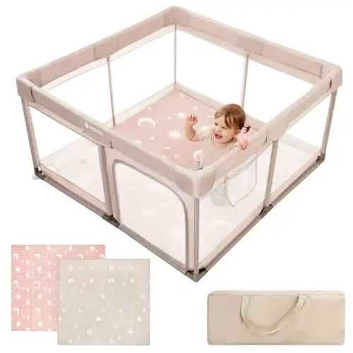 Joypony Baby Laufstall 127 x 127 cm mit Matte, Laufgitter Baby mit atmungsaktivem 360° Netz, rutschfesten Saugnäpfen, stabiler Spielbereich für Babys und Kleinkinder, Indoor Playpen, Beige