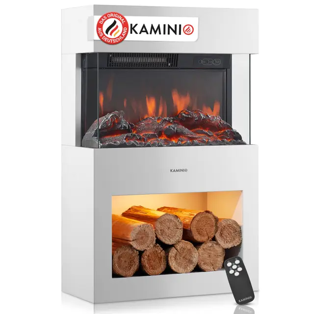 KAMINIO Henri Elektrokamin mit Heizung, 3D-Flamme und Holzfach (Weiß)