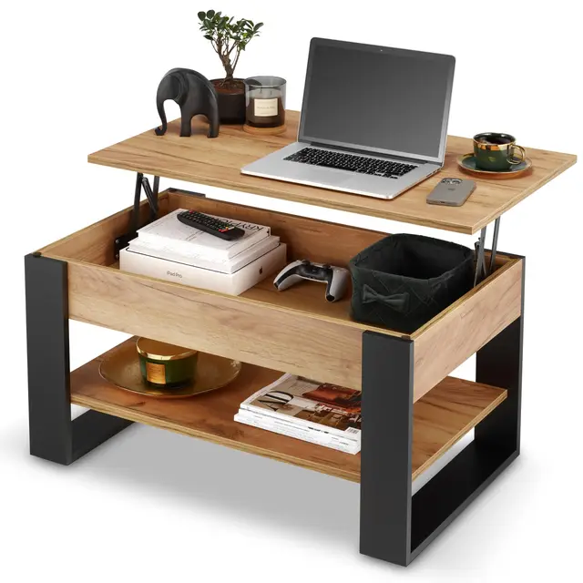 defiPad Couchtisch Höhenverstellbar mit Stauraum, Wohnzimmertisch Eiche-Schwarz mit hochziehbarer Tischplatte, verstecktem Fach und Ablage, 92 x 51 cm