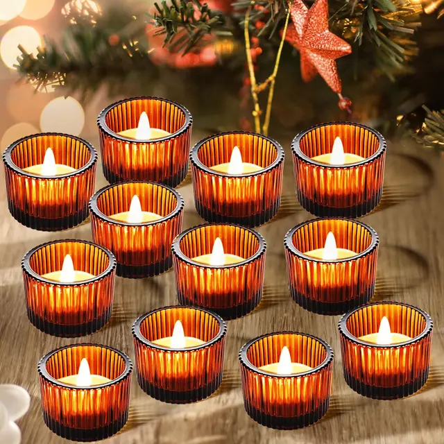 JOYIT 12er Set Teelichtgläser - 5,1 x 3,6 cm Amberfarbene Riffelglas Teelichthalter, Stabile Glas Teelicht Becher für Teelichter & LED Kerzen, Deko für Hochzeit Geburtstag Weihnachten Garten