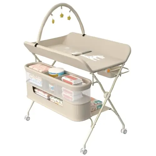 HUOLE Wickelstation mit Seitenkorb, höhenverstellbarer tragbarer Wickeltisch mit feststellbaren Rädern, multifunktionaler Aufbewahrungs-Organizer fürs Kinderzimmer,75 x 68 x 83–91 cm (B) Cremeweiß