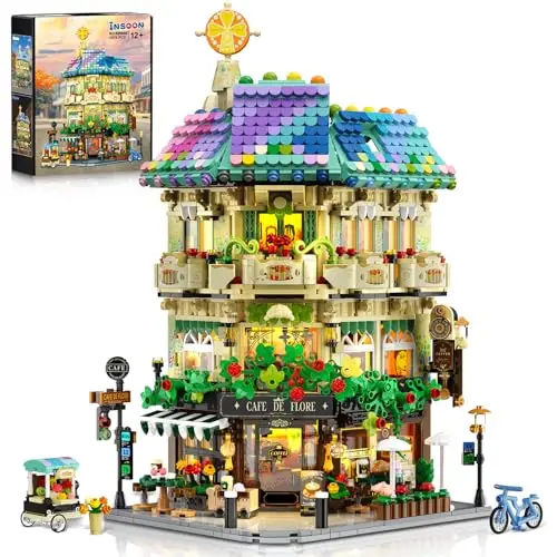 INSOON Blumen Cafe Haus Bauspielzeug mit Licht, 1876 Stück Stadt Laden Architektur Bausatz Modell, Kaffee Häuser Klemmbausteine Konstruktion Modell, Geschenk für Erwachsene Jungen Mädchen ab 12 Jahren