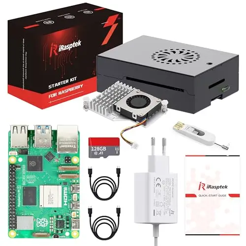 iRasptek Starter Kit for Raspberry Pi 5 8GB Starter Kit - 128GB Edition von OS-Bookworm vorinstalliert (Aluminium Gehäuse)