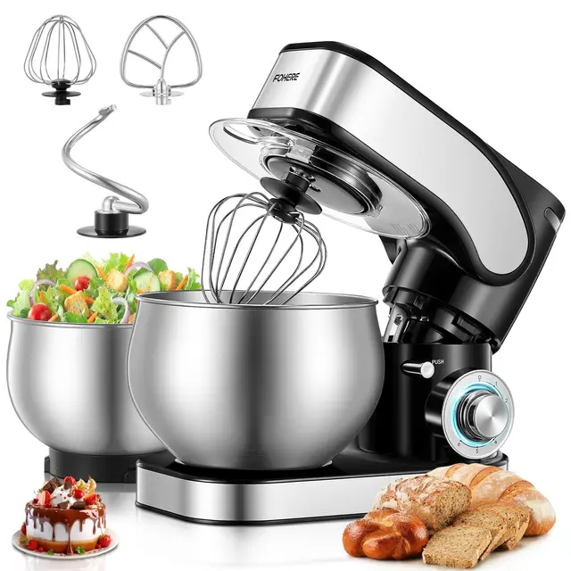 Küchenmaschine mit 5L + 3L Edelstahlschüsseln Dual-Schalen, aufgewerteter Knethaken, 1300W leistungsstarke Knetmaschine Teigmaschine, 6+P Geschwindigkeiten, Knethaken, Rührbesen und Schneebesen