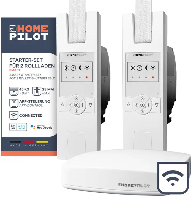 HOMEPILOT Rollladen Smart-Home Starter-Set - 2x RolloTron elektrischer Gurtwickler und Gateway premium, Zentrale inkl. App & Sprachsteuerung (Alexa, Google Assistant kompatibel)