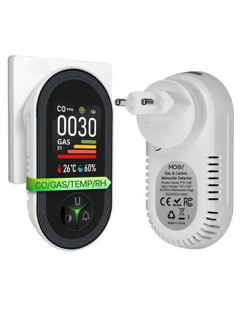 MOES Kohlenmonoxid- und Gasmelder mit Stecker, 4-in-1 CO-Melder mit Temperatur- & Luftfeuchtigkeitssensor, mit akustischem Alarm für LPG, Propan, Methan, Ethan & CO – für Haus & Wohnmobil geeignet