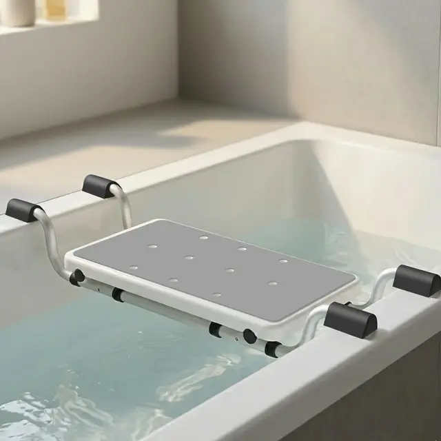 Badewannensitz Senioren mit schwarzen Griffen & Grauer Sitzauflage – Stabiles Badewannenbrett bis 120 kg, Verstellbar 71–81 cm, Rostfreies Aluminium