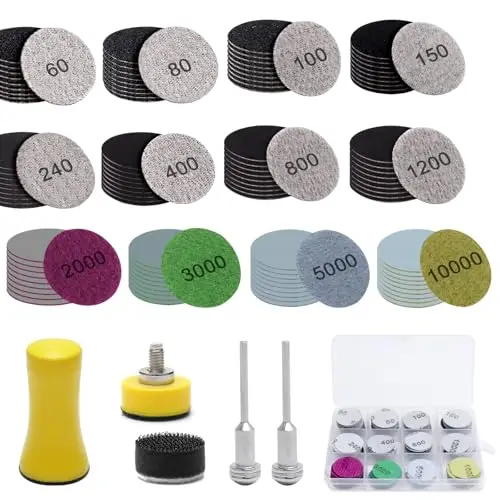 205 Stück Schleifscheiben 25mm Klett, Nasse Trockene Runde Schleifpapier Set(Körnung 60-10000), Schleifpad mit Sandpapier Schleifwerkzeug, 1/8 Zoll Schaft, für Metall Holz Glas Auto Polieren