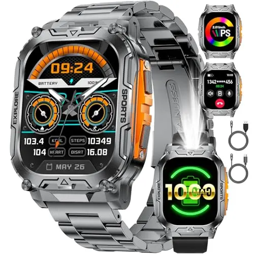 1000mAh Akku Smartwatch Herren Militär, 2.01" Sportuhr Herren mit Telefonfunktion/LED Taschenlampe, 100+ Sportmodi Fitnessuhr mit IP68,Herzfrequenz/Schlafmonitor,für Android iOS, Schwarz