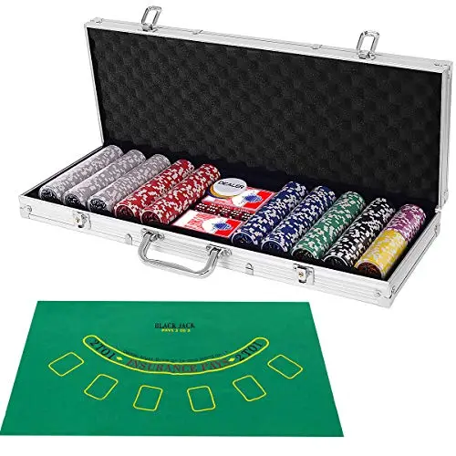 COSTWAY 500 Laser-Chips Pokerset, Poker Komplett Set mit 2 Spielkarten, 5 Würfel, 3 Händler-Chips und Tischtuch, Kasino Pokerkoffer Aluminium mit 2 Schlüsseln (Silber)