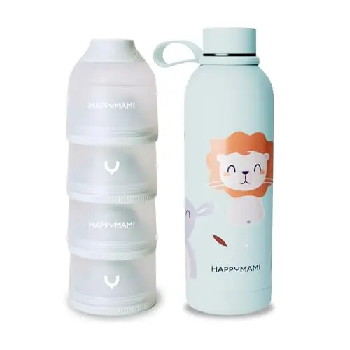 Happymami Unterwegs-Set: Baby-Thermosflasche 500ml & Milchpulver-Portionierer - Baby Erstausstattung - Auslaufsicheres Fütterungsset, BPA-frei & Warmhaltend (Zartes Minzgrün)