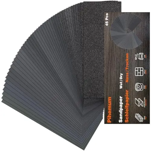Schleifpapier Set 45 Stück, Nass und Trocken Sandpapier 23 x 9 cm mit Körnung 80-5000, Fein Schleifpapier für Holz, Metall, Auto, Lack, Stein, Glas und Möbel