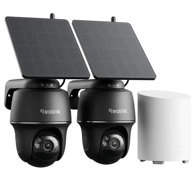 Reolink 5MP Kabelloses PT Überwachungskamera Außen Set mit Solar Akku, Auto-Tracking, KI-Erkennung, lokaler Speicher & Dual-Band WLAN, Ohne ABO, Home Hub Mini mit 2X Argus PT Schwarz+Solarpanel