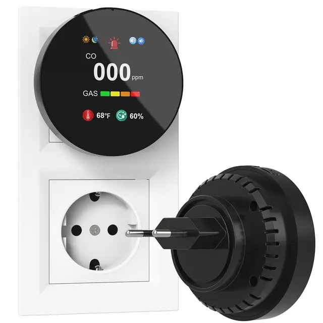 Kohlenmonoxid- und Gasmelder mit Stecker, 4-in-1 CO-Melder mit Temperatur- & Luftfeuchtigkeitssensor, mit akustischem Alarm für Haus & Wohnmobil,1er Set(Schwarz)