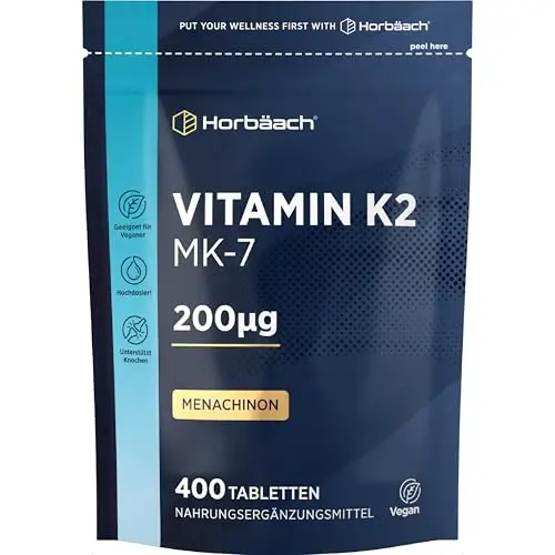 Vitamin K2 MK7 | 400 Vegane Tabletten | Hochdosiert 200ug Menachinon MK-7 | Vitamin K Präparate | Alternative zu Tropfen | von Horbaach