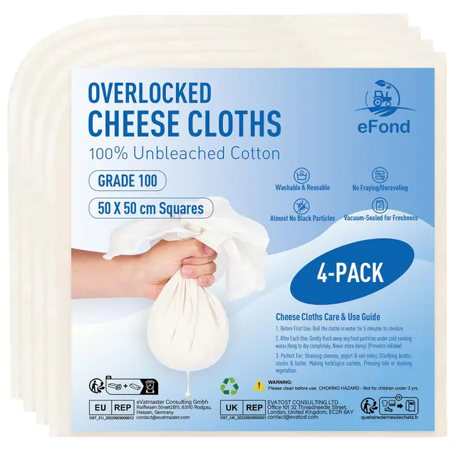 eFond Passiertuch Käsetuch Mulltuch - 4 Stück, 50x50cm Quadrate mit Overlock-Saum - Grade 100 Ultrafeinmaschig zum Abseihen von Butter, Nussmilch, Joghurt - Cheesecloth, Seihtuch für Kochen und Braten