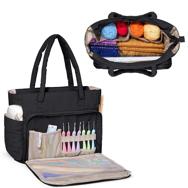 Teamoy Aufbewahrungstasche für Wolle, Stricktasche für Garn, Stricknadeln, Häkelnadeln, Strickprojekte, und Zubehör, Schwarz, (Nur Tasche)