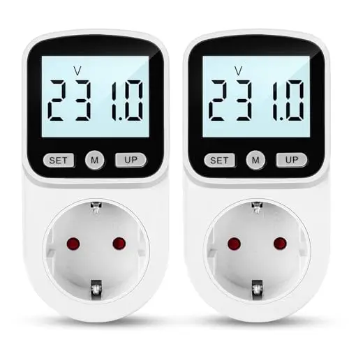 2 Stück Stromzähler für Steckdose 8 Modi Steckdose Energiekostenmessgerät mit LCD Hintergrundbeleuchtung, KWH Watt Strommessgerät Stromzähler Überlastungswarnung 3680W