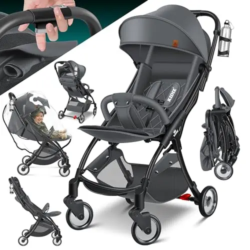 KIDIZ® Kinderwagen Premium Kinderbuggy klappbar Liegebuggy Sportwagen Faltbar 360°Räder 5-Punkt Gurt Inkl. Getränkehalter & Regenabdeckung, verstellbare Rückenlehne & Sonnenverdeck Anthrazit