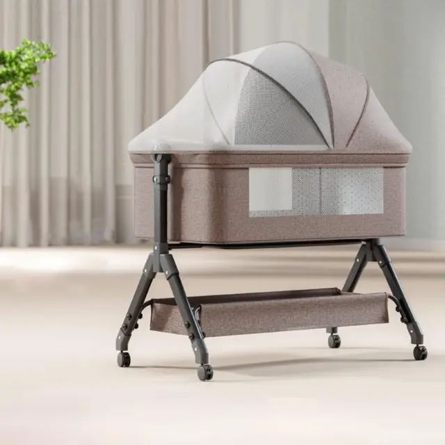Beistellbett Baby,3 in 1 Babybett,Höhenverstellug und Einstellung der Neigung der Matratze,4 Räder mit Bremse,mit Zubehör,Tasche,Moskitonetz(Khaki)
